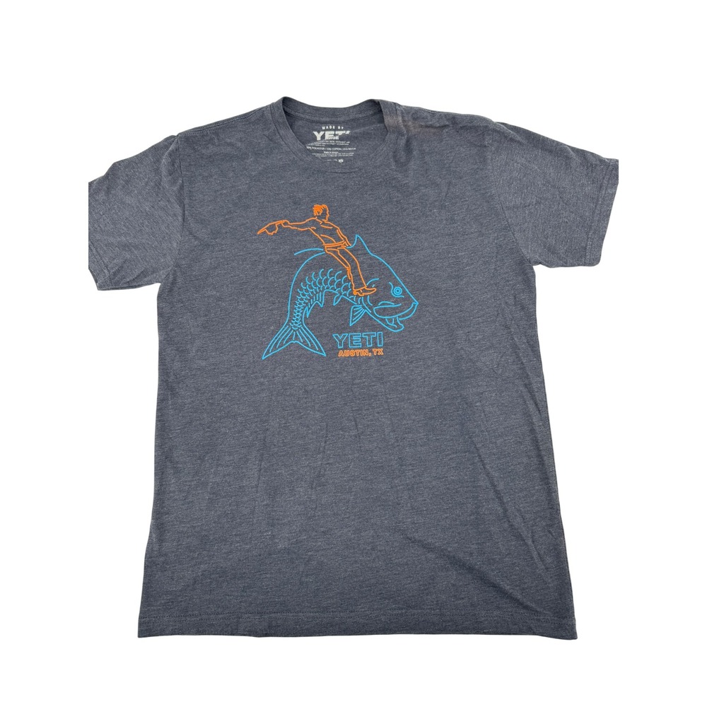 YETI Graphic T-Shirt Mens Large Grey Cowboy Riding Fish Austin TX Tee Shirt
